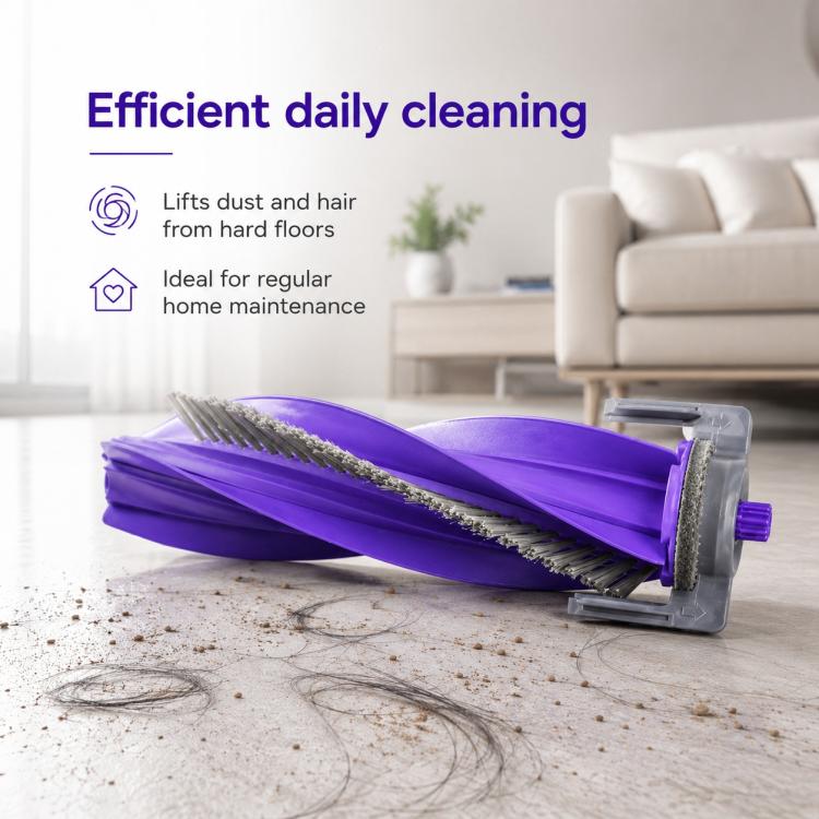 Purple replacement main roller brush removing dust and hair from floor