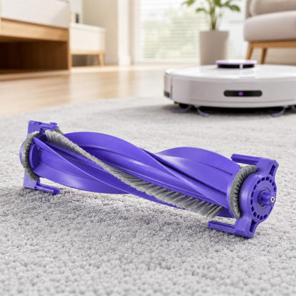 Purple robot vacuum main brush with gray bristles and end wheels