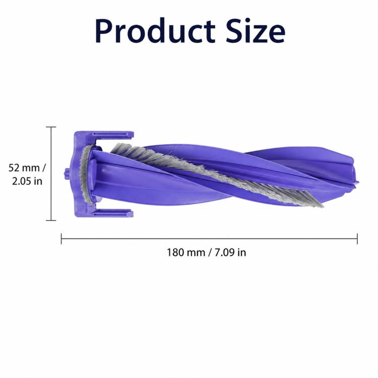 Purple robot vacuum main brush roller with gray bristles and end wheels
