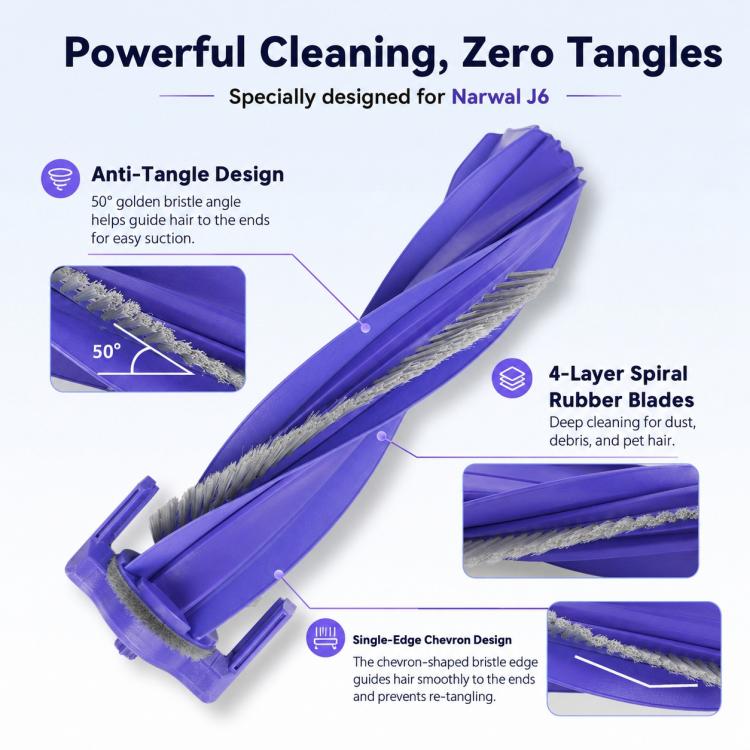 Purple anti-tangle main brush roller with gray bristles and frame