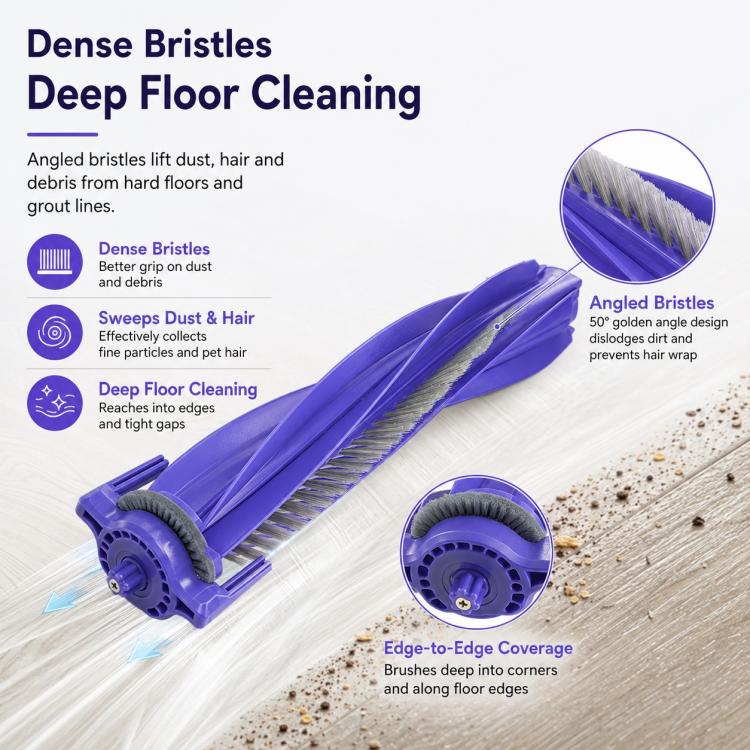Purple angled main brush roller with dense gray bristles