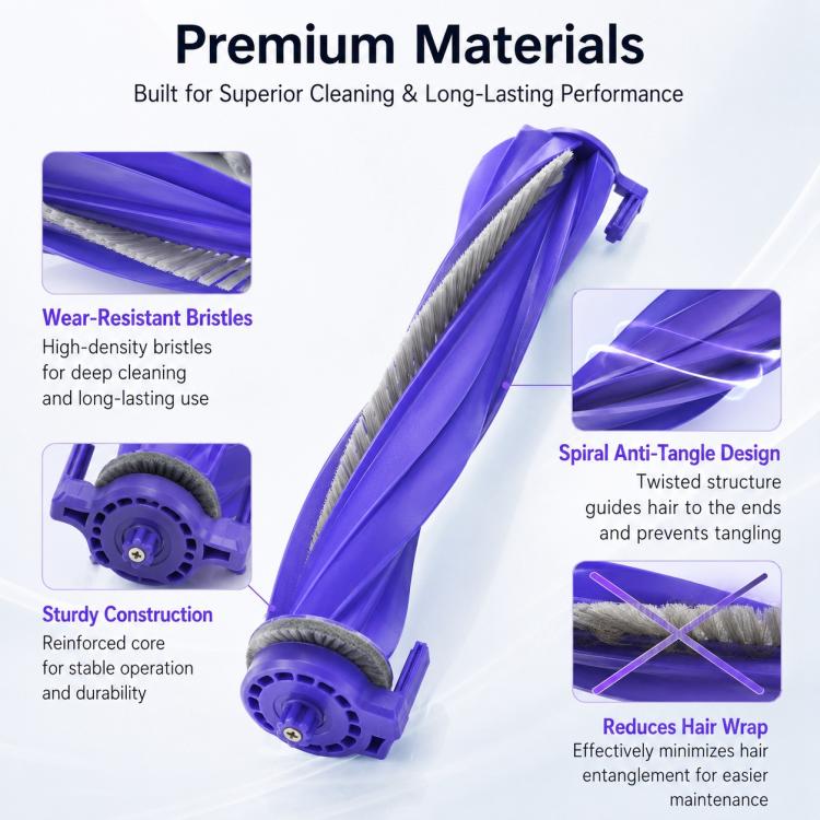 Purple main brush roller with dense gray bristles and sturdy frame