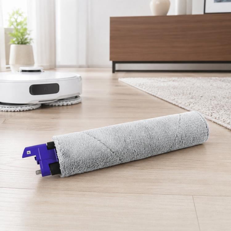 Narwal J6 track mop pad with gray microfiber roller and blue clips