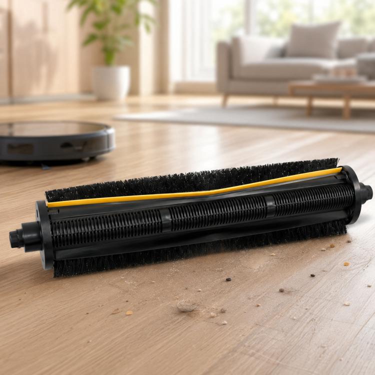 Black roller brush with dense bristles and yellow stripe, replacement for robot vacuum