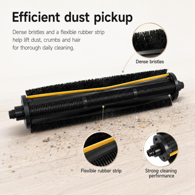 Robot vacuum roller brush with dense bristles and flexible rubber strip, yellow accent