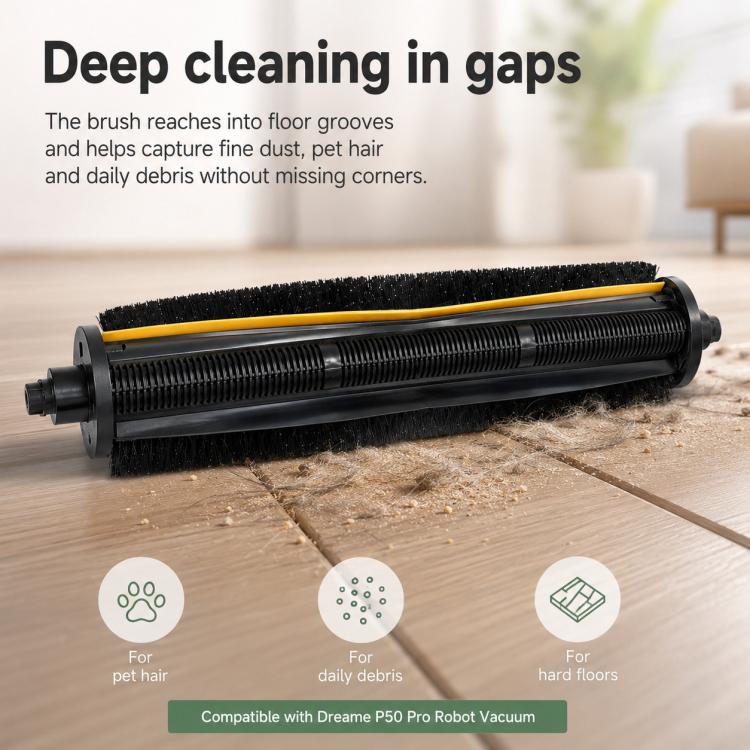 Black bristle roller brush with yellow stripe for deep cleaning in floor grooves