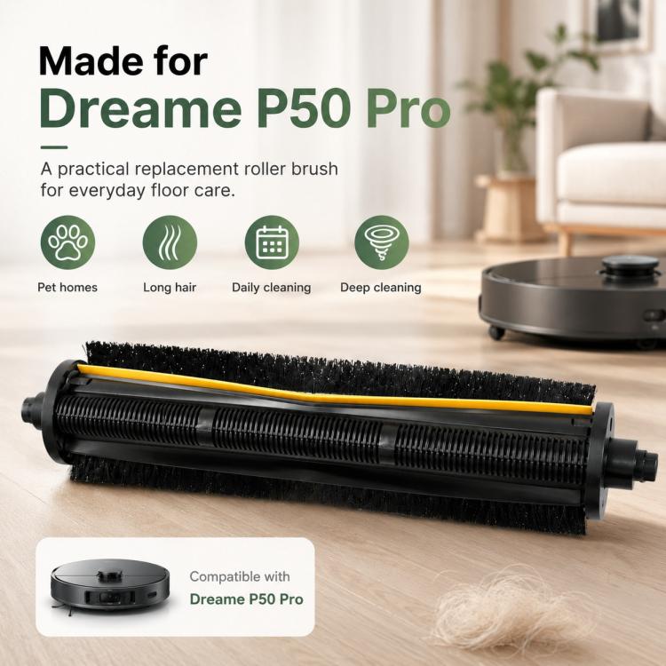 Black roller brush with yellow stripe, end connectors visible on replacement part