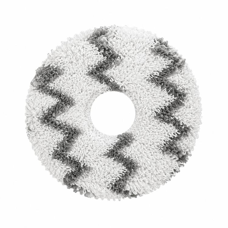 Round white microfiber mop pad with dark gray chevron stripes and center hole