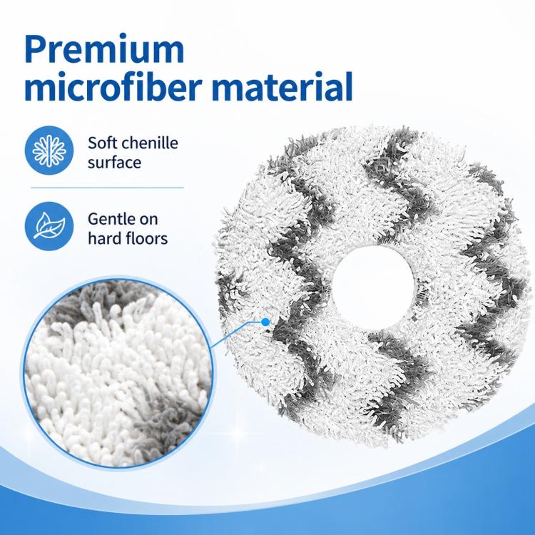 Round white microfiber mop pad with dark gray chevron pattern and center opening