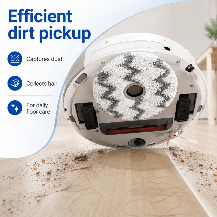 Round white microfiber mop pad with dark gray zigzag stripes installed on vacuum base