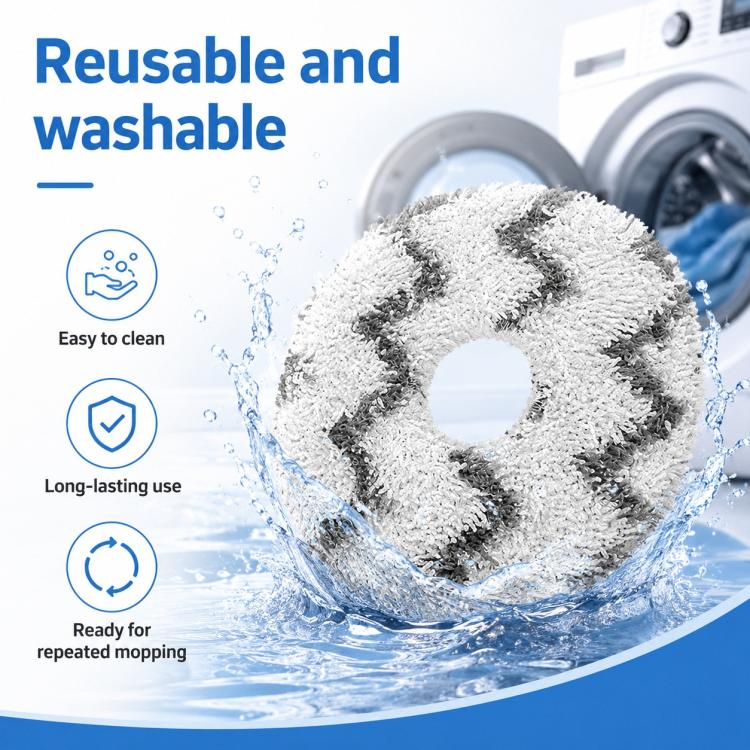 Round white microfiber mop pad with dark gray chevron pattern, shown with water splashes