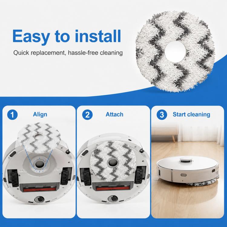 Round white microfiber mop pad with dark gray zigzag pattern, step-style install view
