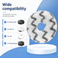 Round white microfiber mop pad with dark gray chevron stripes on display stand