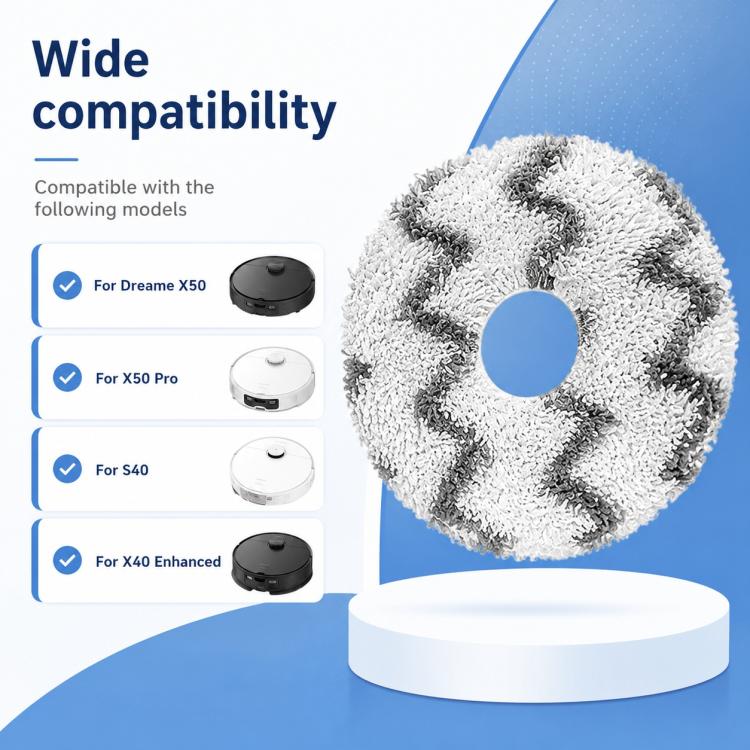Round white microfiber mop pad with dark gray chevron stripes on display stand