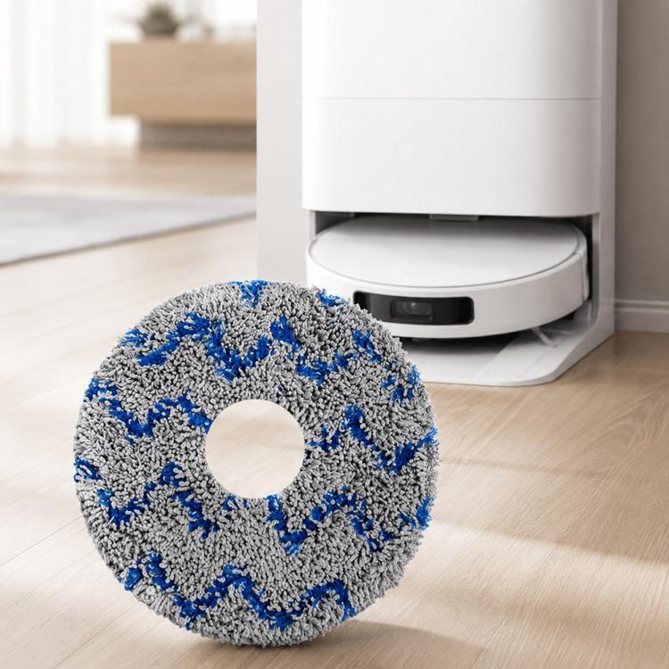 Round gray mop pad with blue zigzag stripes and center hole for robot vacuum
