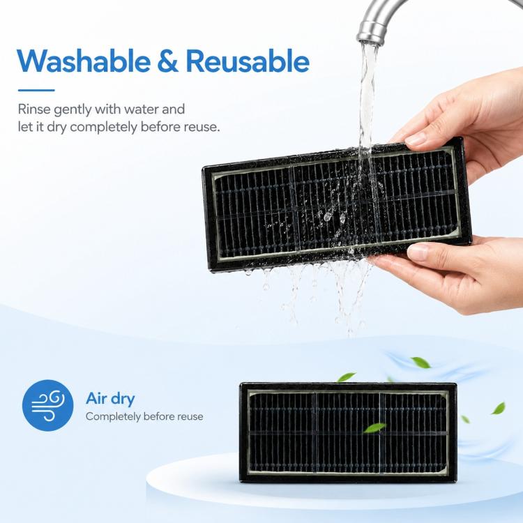 Washable vacuum filter replacement with black pleated media, held for rinsing