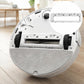 Robot vacuum underside with gray mop pad and open brush compartment