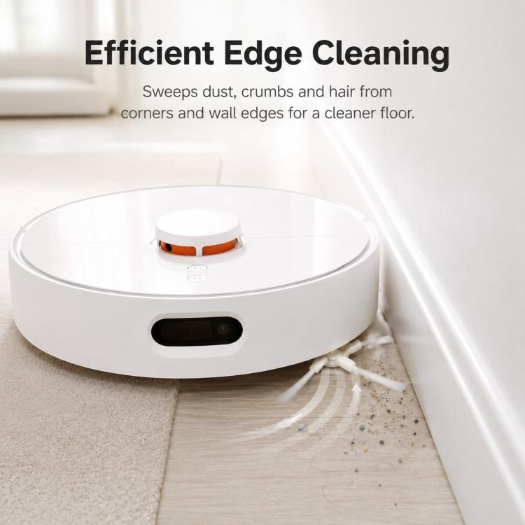 Robot vacuum edge-cleaning view with triangular side brush extending to corners