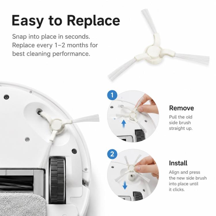 Triangular side brush replacement kit with hub and three white bristle arms