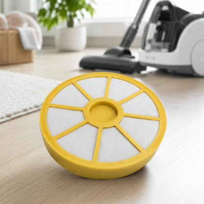 Yellow circular vacuum pre-filter with white mesh center and five spoke supports
