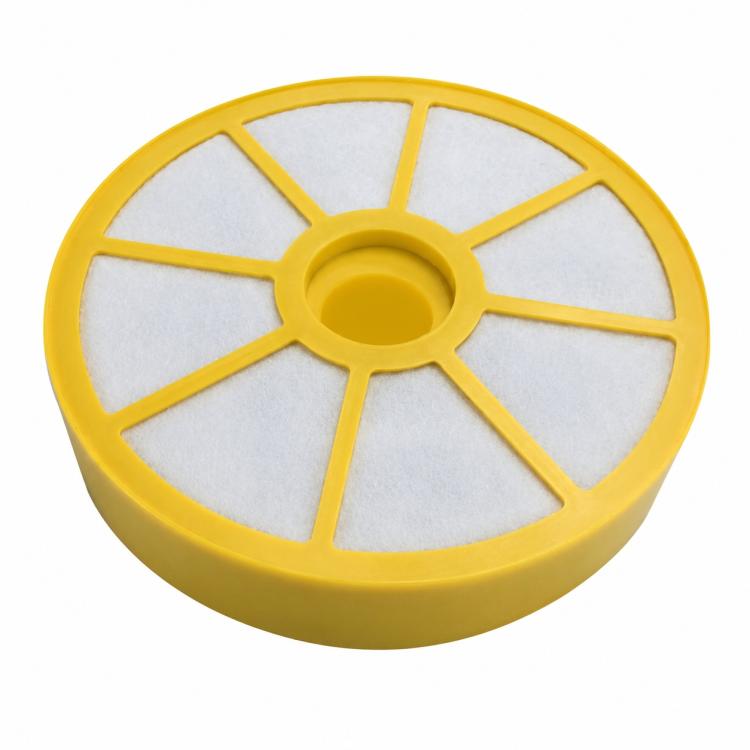 Yellow circular vacuum pre-filter with white filter media and central round outlet