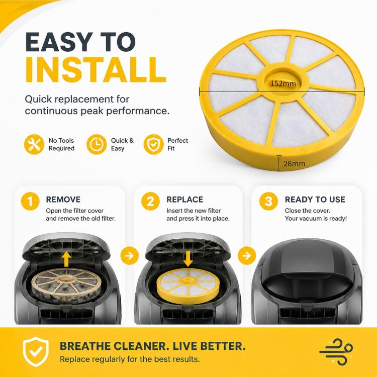 Yellow circular vacuum pre-filter for easy replacement