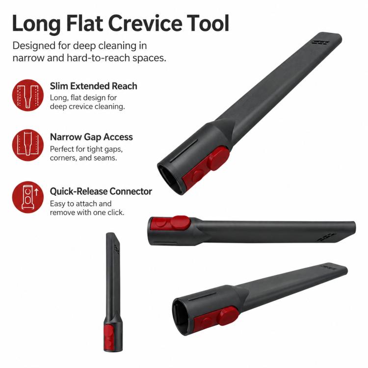 Long flat crevice tool, dark gray body with red latch and narrow cleaning opening.