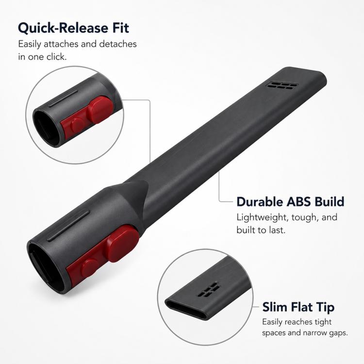 Slim flat nozzle brush head with red latch, dark gray tool and extended tapered end.