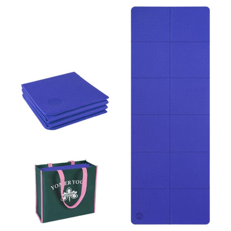 Foldable non-slip yoga mat, sapphire blue, 4mm thick with grid panels.