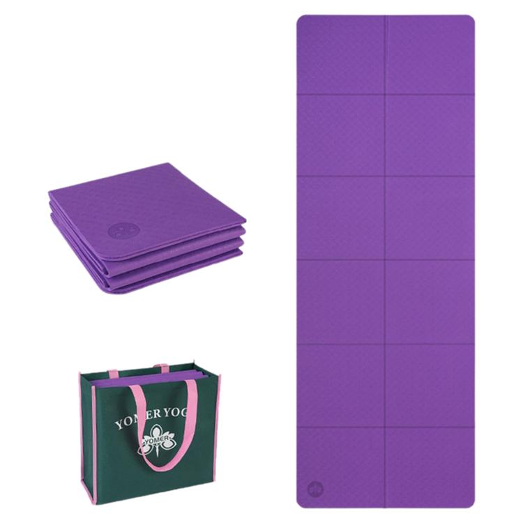Foldable non-slip yoga mat, dark purple, 4mm thick with grid panels.