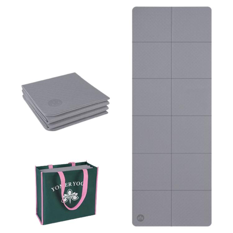 Foldable non-slip yoga mat, agate gray, 4mm thick with grid panels.