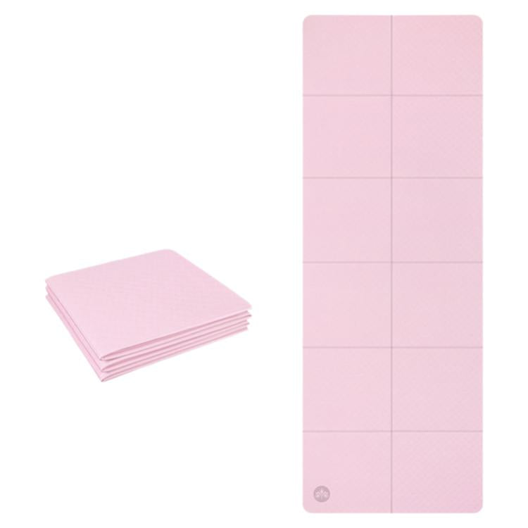 Foldable non-slip yoga mat, light pink, 4mm thick with grid panels.