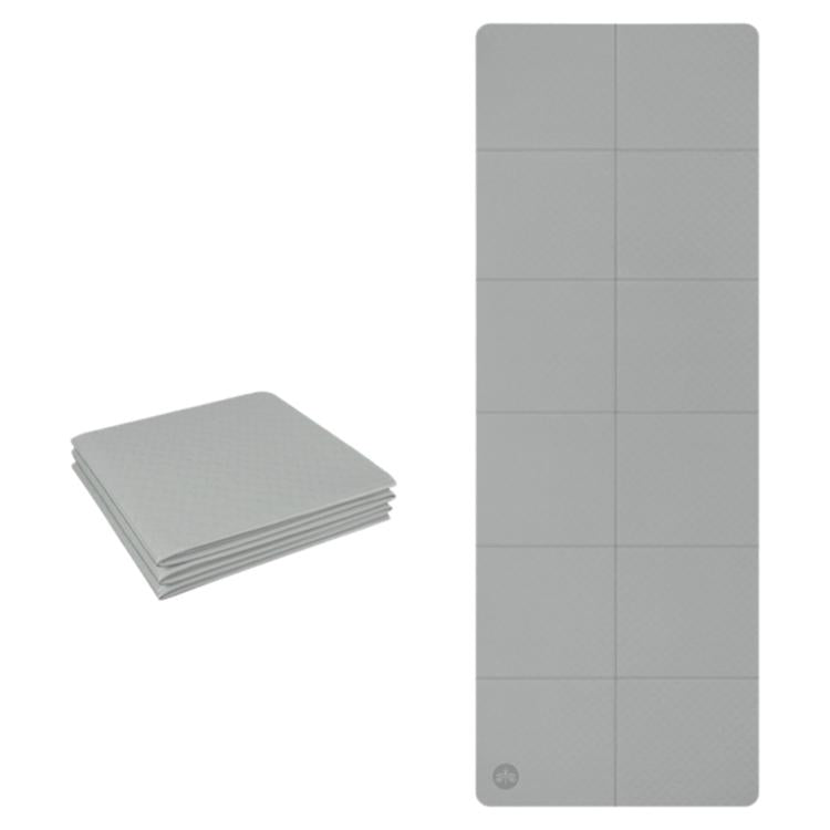 Foldable non-slip yoga mat, light gray, 4mm thick with grid panels.