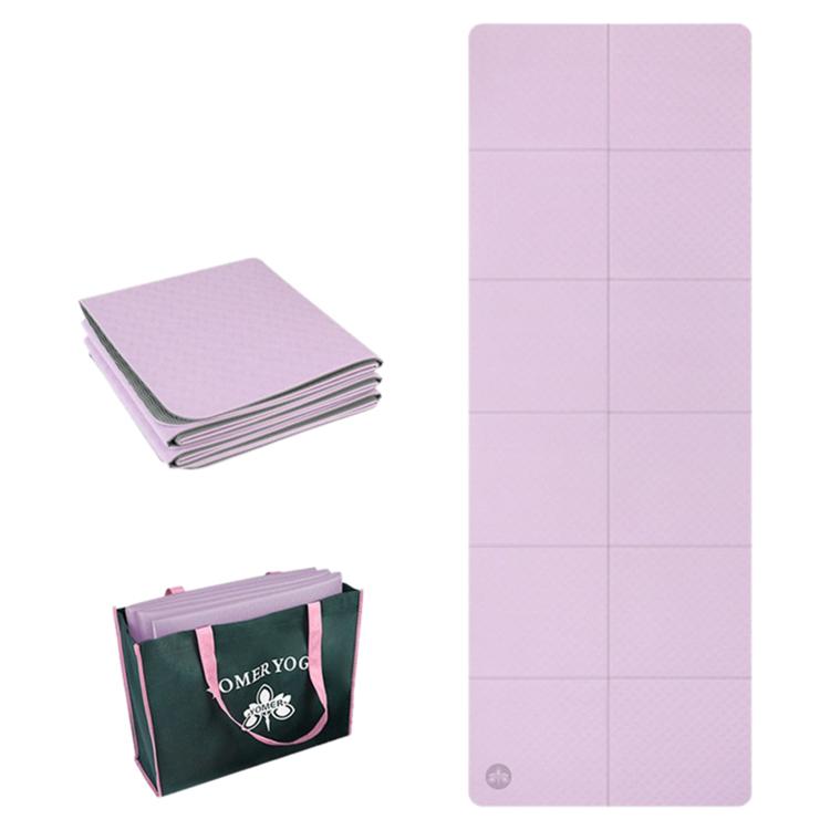 Foldable non-slip yoga mat, light purple, 4mm thick with grid panels.