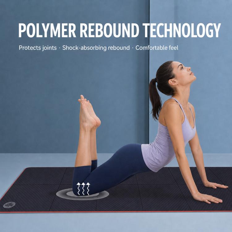 4mm foldable non-slip yoga mat, dark surface with red trim, used in a low lunge