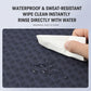 Dark textured yoga mat surface being wiped clean with cloth, red edge visible