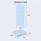 Foldable yoga mat size diagram, light blue mat shown with product dimensions
