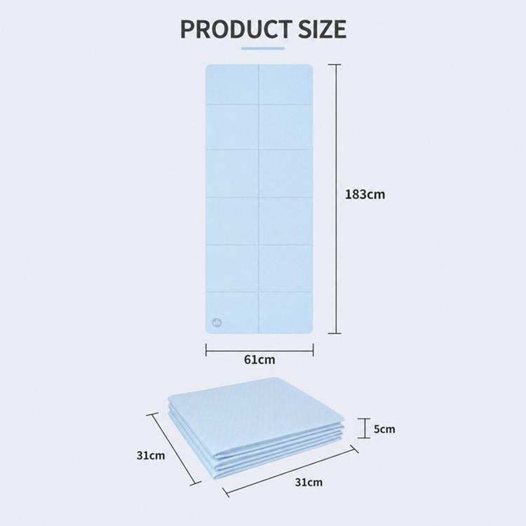 Foldable yoga mat size diagram, light blue mat shown with product dimensions