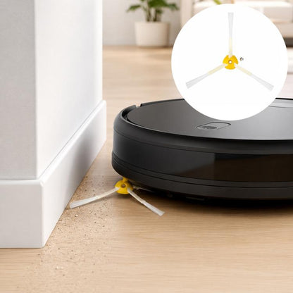Robot vacuum side brush with yellow 3-arm hub and white bristles