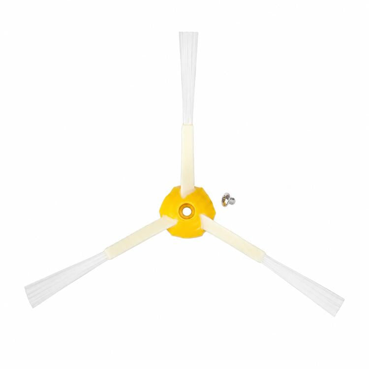 Robot vacuum side brush with yellow center hub, three white bristle arms, screw