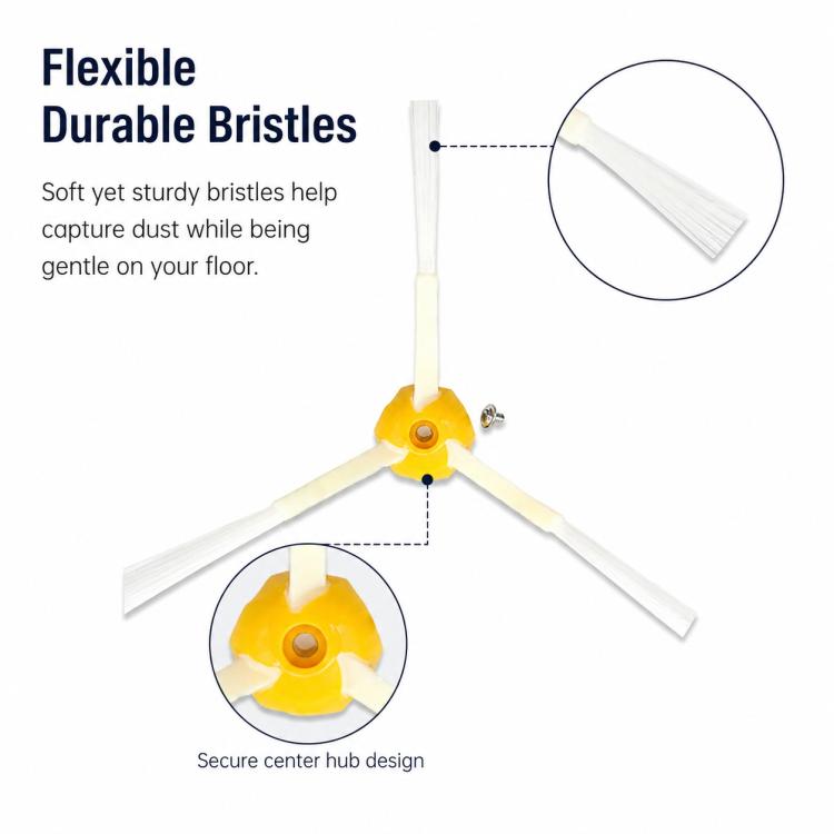 Robot vacuum side brush with flexible white bristles on yellow 3-arm hub