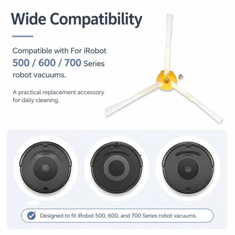 Robot vacuum side brush with yellow hub and three white bristle arms