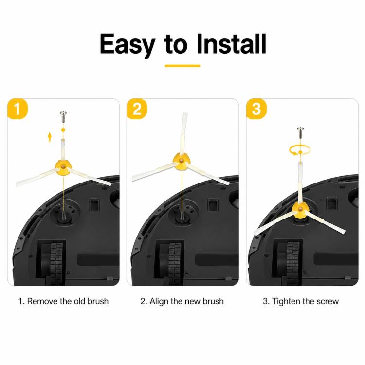 Robot vacuum side brush replacement showing screw-tightening installation
