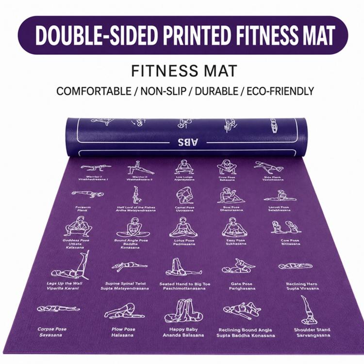 Purple fitness training yoga mat with printed pose icons across the surface