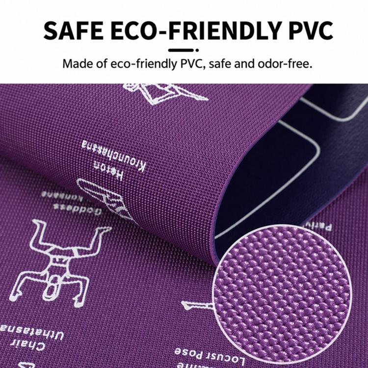 Purple non-slip yoga mat with printed workout icons and textured grip surface