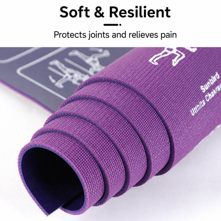 Purple yoga mat rolled edge showing soft, resilient cushioned layers