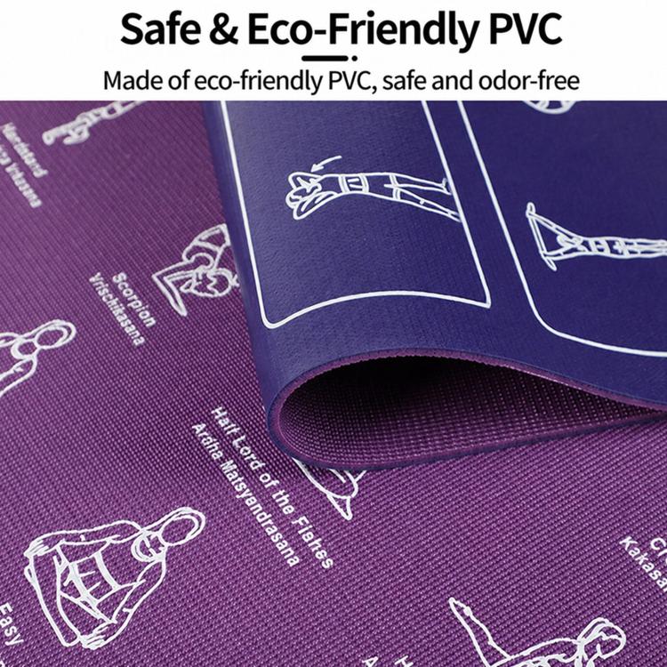 Purple yoga mat corner with printed pose outlines and non-slip textured underside