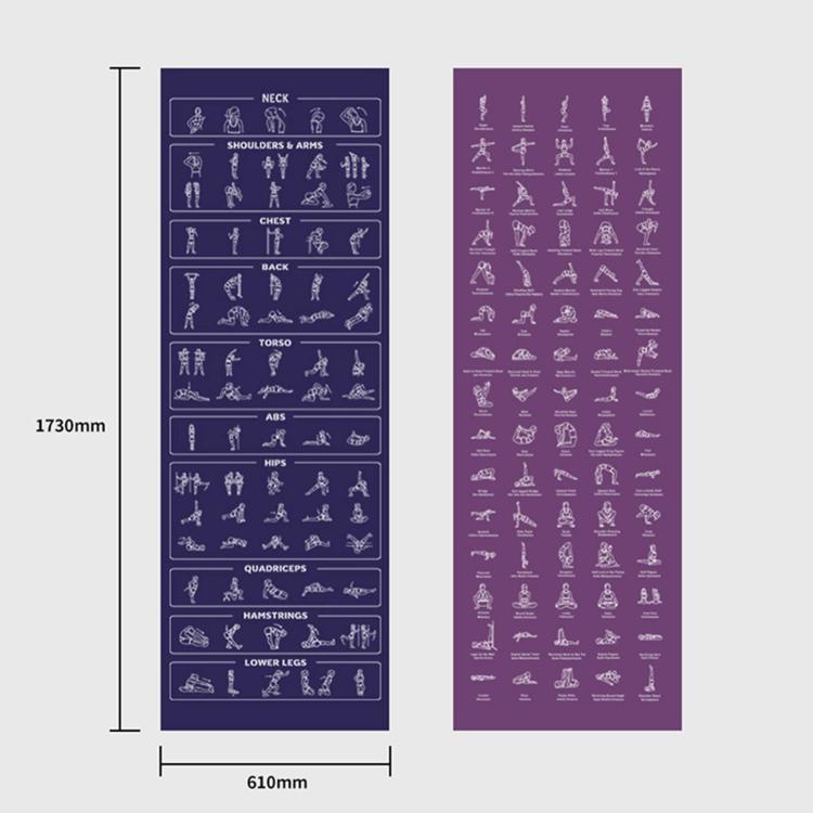 Purple yoga mat size diagram with printed pose panels, 610mm by 1730mm