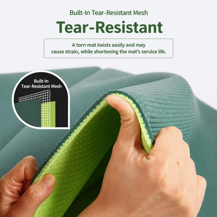 Teal training mat edge with visible tear-resistant mesh and lime underside layer.