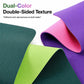 Dual-color double-sided fitness mat with purple and pink top texture and green underside.